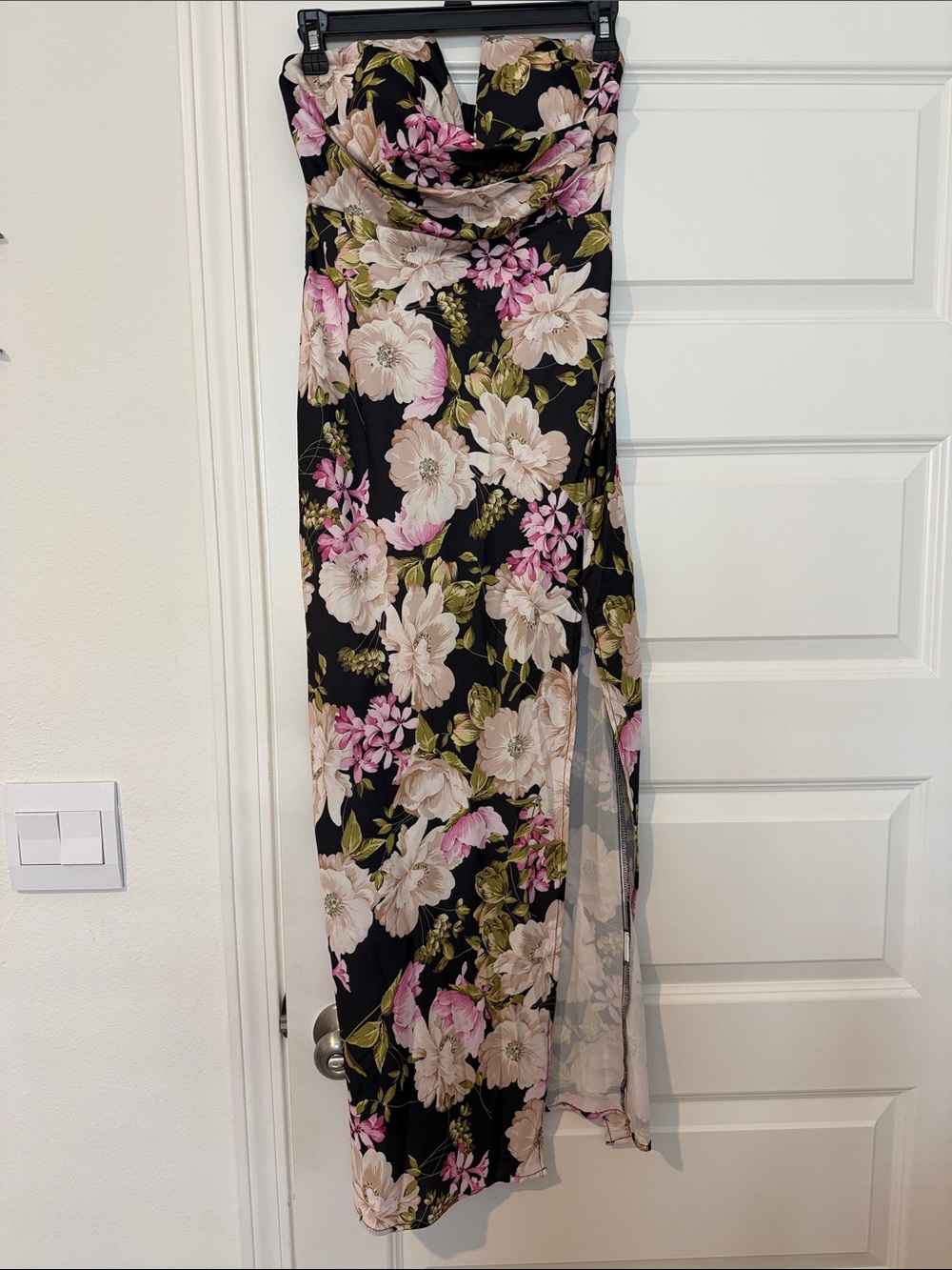 Showpo Black Floral Strapless Maxi Dress with Pink and Cream Flowers